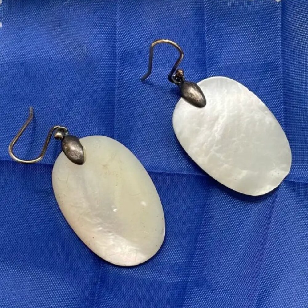 Ted Muehling Large White Mother of Pearl Chip Silver Top Gold Wire Earrings